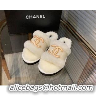 Stylish Chanel Wool Suede Flat Slide Sandals with Metal CC White 082732