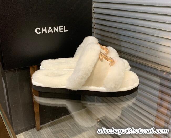 Stylish Chanel Wool Suede Flat Slide Sandals with Metal CC White 082732