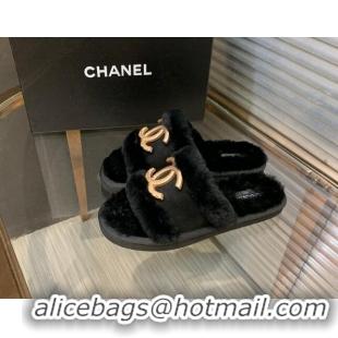 Unique Style Chanel Wool Suede Flat Slide Sandals with Metal CC Black 082733