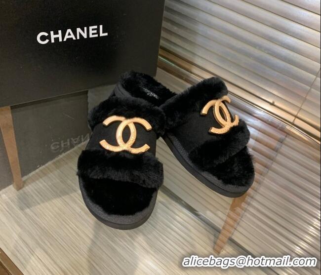 Unique Style Chanel Wool Suede Flat Slide Sandals with Metal CC Black 082733