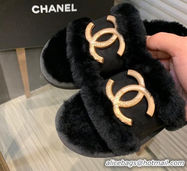 Unique Style Chanel Wool Suede Flat Slide Sandals with Metal CC Black 082733