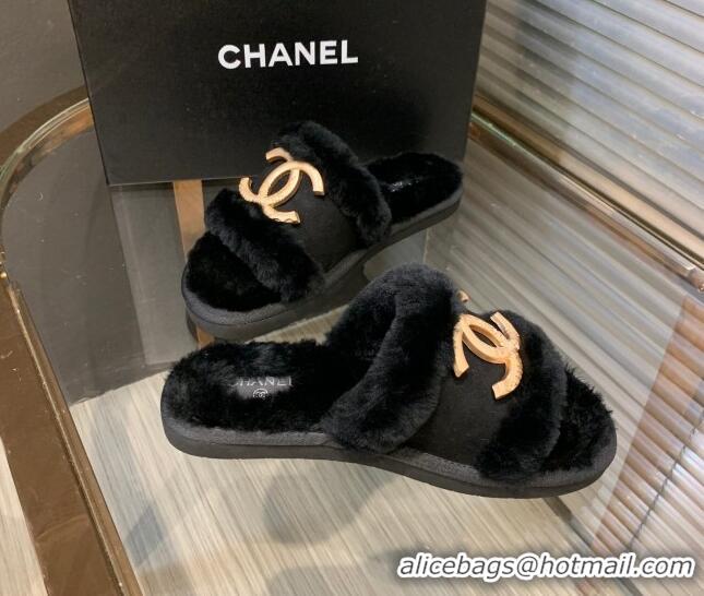 Unique Style Chanel Wool Suede Flat Slide Sandals with Metal CC Black 082733