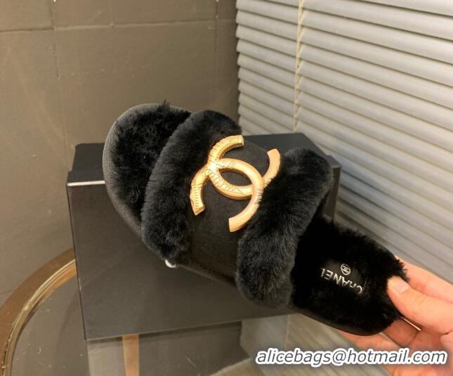 Unique Style Chanel Wool Suede Flat Slide Sandals with Metal CC Black 082733