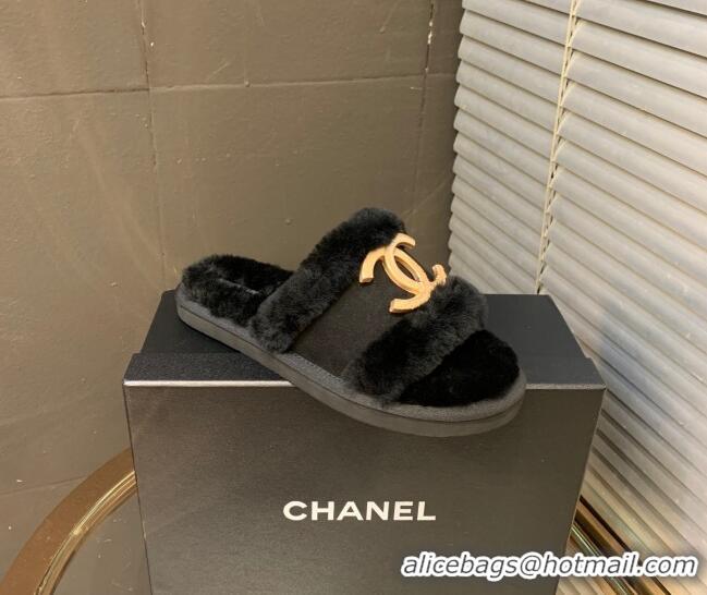 Unique Style Chanel Wool Suede Flat Slide Sandals with Metal CC Black 082733