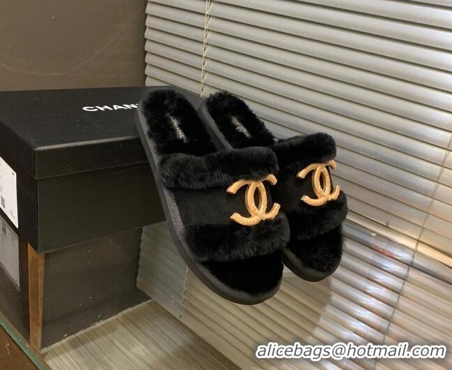 Unique Style Chanel Wool Suede Flat Slide Sandals with Metal CC Black 082733