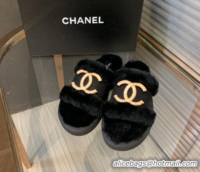 Unique Style Chanel Wool Suede Flat Slide Sandals with Metal CC Black 082733