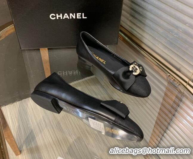 Classic Hot Chanel Calfskin Ballerinas with Bow Black 082735