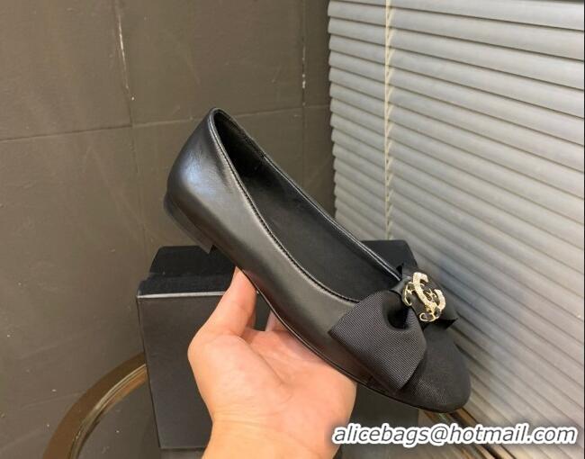 Classic Hot Chanel Calfskin Ballerinas with Bow Black 082735