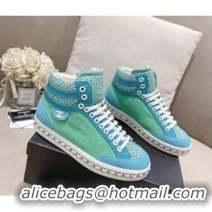 Unique Style Chanel Tweed High-top Sneakers Green 082738