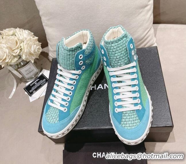 Unique Style Chanel Tweed High-top Sneakers Green 082738