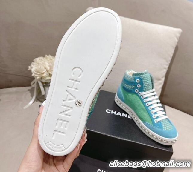 Unique Style Chanel Tweed High-top Sneakers Green 082738