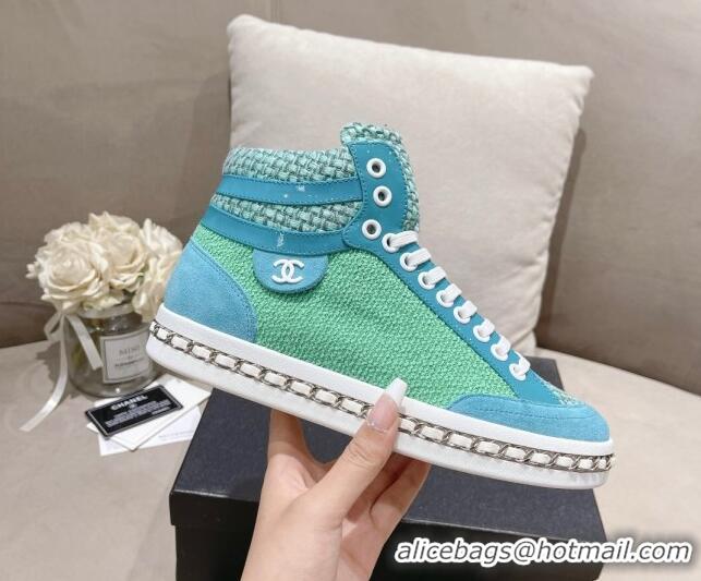 Unique Style Chanel Tweed High-top Sneakers Green 082738