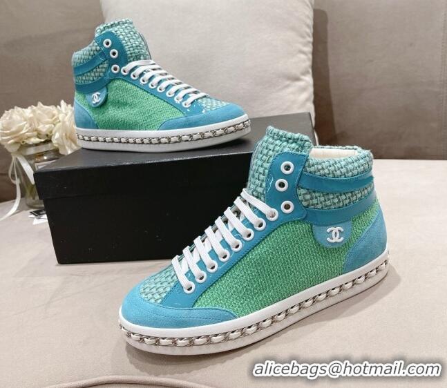 Unique Style Chanel Tweed High-top Sneakers Green 082738