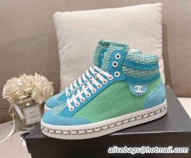 Unique Style Chanel Tweed High-top Sneakers Green 082738