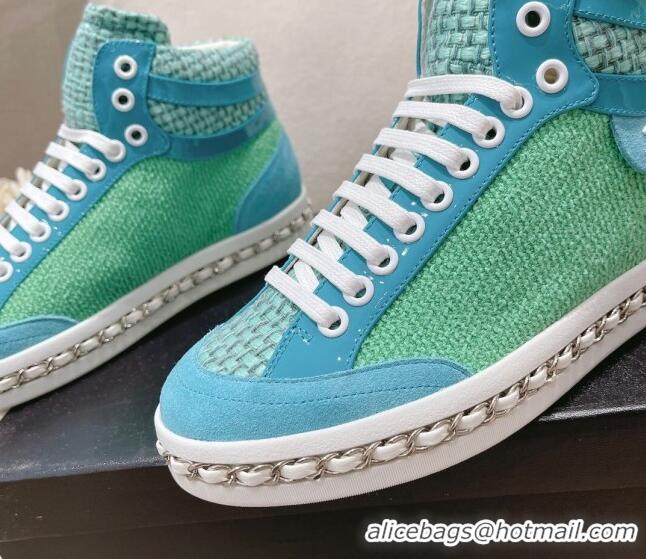 Unique Style Chanel Tweed High-top Sneakers Green 082738