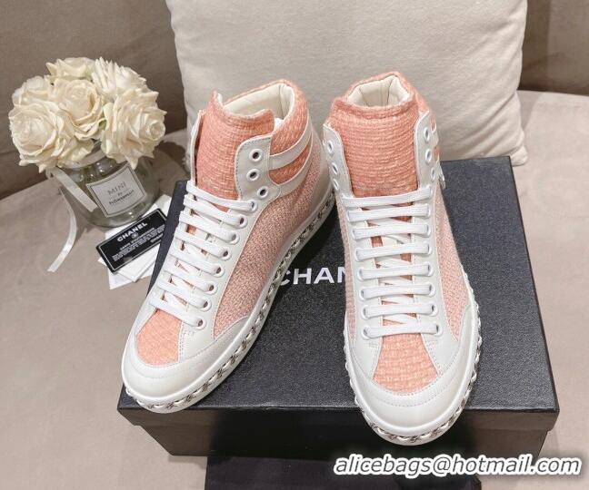 Crafted Chanel Tweed High-top Sneakers Peachy Pink 082740