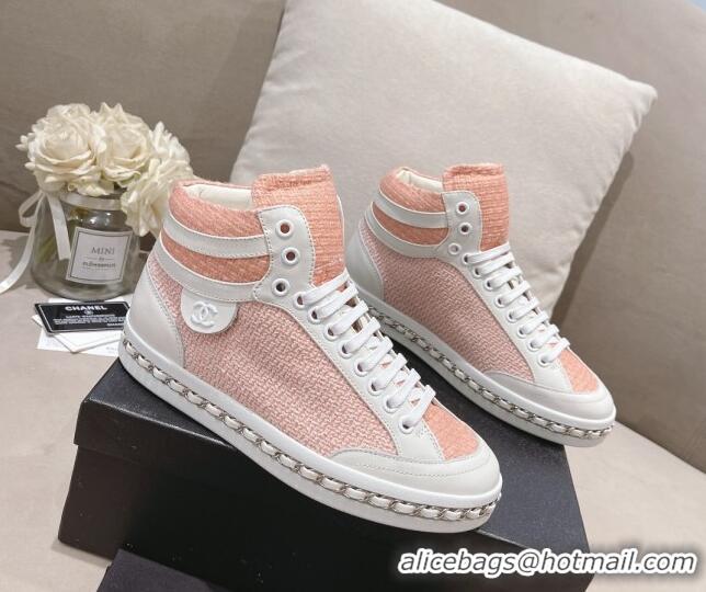 Crafted Chanel Tweed High-top Sneakers Peachy Pink 082740