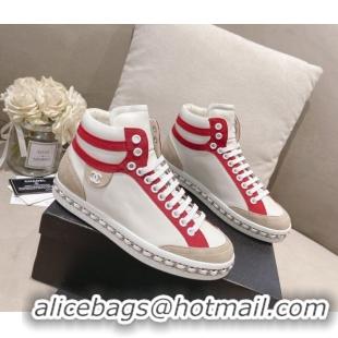 Top Grade Chanel Calfskin High-top Sneakers White/Red 082741