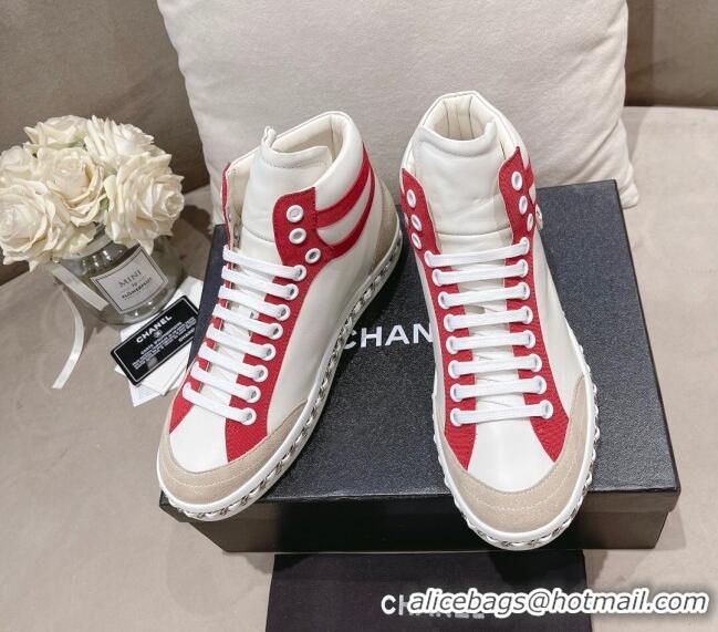 Top Grade Chanel Calfskin High-top Sneakers White/Red 082741