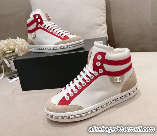 Top Grade Chanel Calfskin High-top Sneakers White/Red 082741