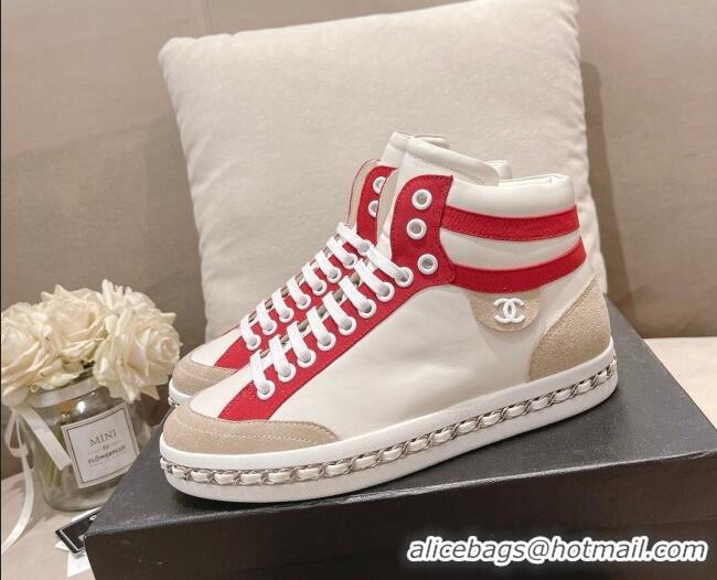 Top Grade Chanel Calfskin High-top Sneakers White/Red 082741