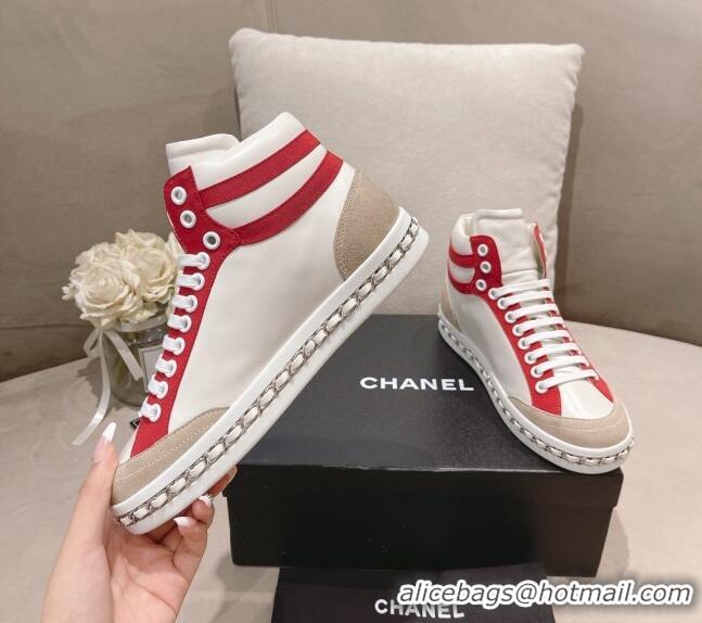 Top Grade Chanel Calfskin High-top Sneakers White/Red 082741