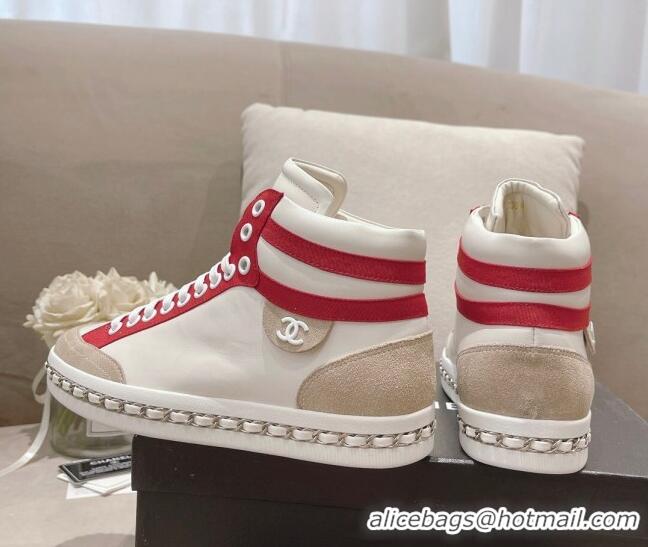 Top Grade Chanel Calfskin High-top Sneakers White/Red 082741