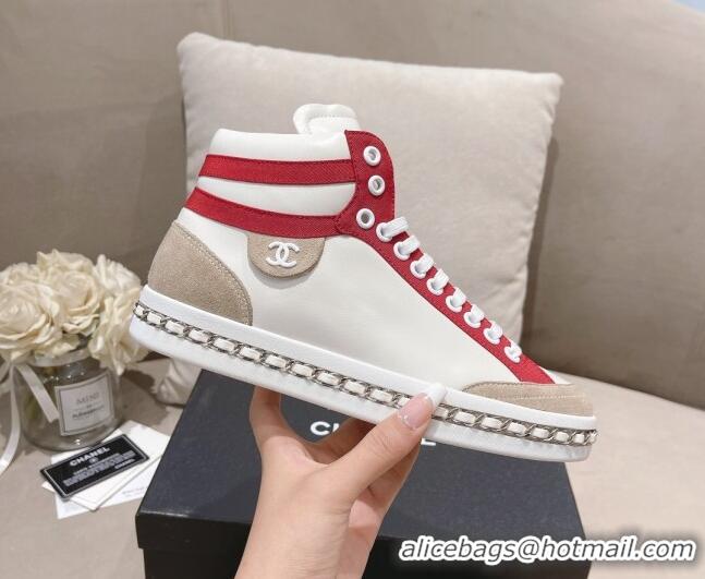 Top Grade Chanel Calfskin High-top Sneakers White/Red 082741