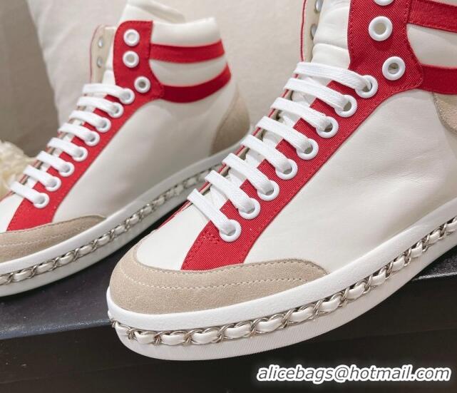 Top Grade Chanel Calfskin High-top Sneakers White/Red 082741