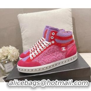 Good Quality Chanel Tweed High-top Sneakers Dark Pink 082743