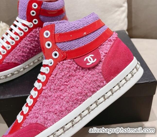 Good Quality Chanel Tweed High-top Sneakers Dark Pink 082743