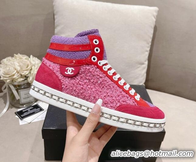 Good Quality Chanel Tweed High-top Sneakers Dark Pink 082743