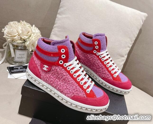 Good Quality Chanel Tweed High-top Sneakers Dark Pink 082743