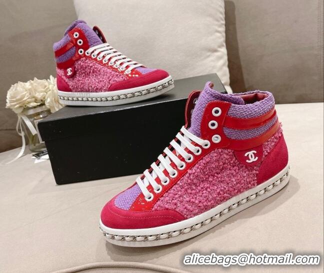 Good Quality Chanel Tweed High-top Sneakers Dark Pink 082743