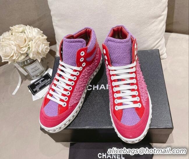 Good Quality Chanel Tweed High-top Sneakers Dark Pink 082743