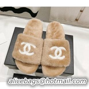 Low Price Chanel Shearling Flat Slide Sandals Camel 090720