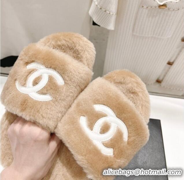 Low Price Chanel Shearling Flat Slide Sandals Camel 090720