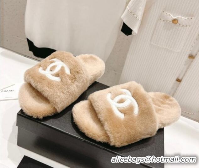 Low Price Chanel Shearling Flat Slide Sandals Camel 090720