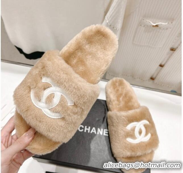 Low Price Chanel Shearling Flat Slide Sandals Camel 090720