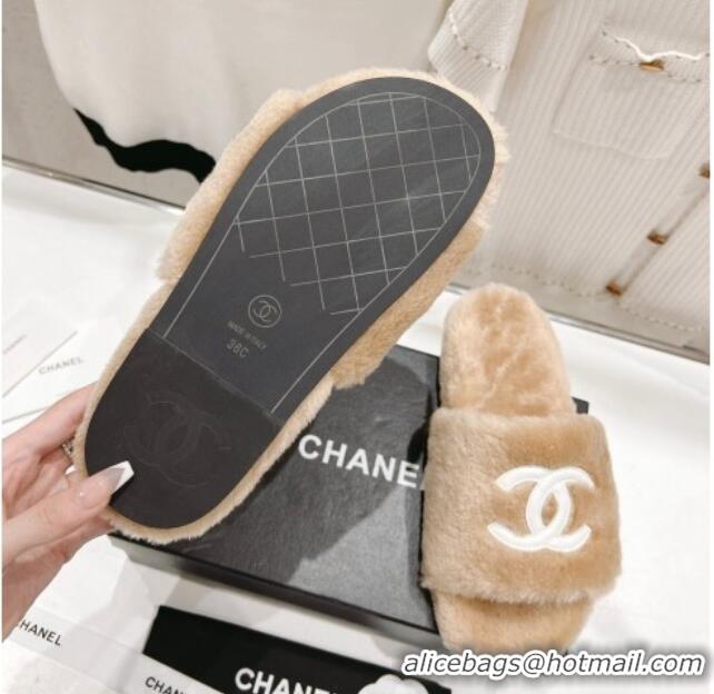 Low Price Chanel Shearling Flat Slide Sandals Camel 090720