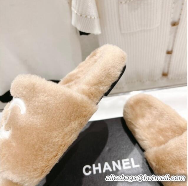 Low Price Chanel Shearling Flat Slide Sandals Camel 090720