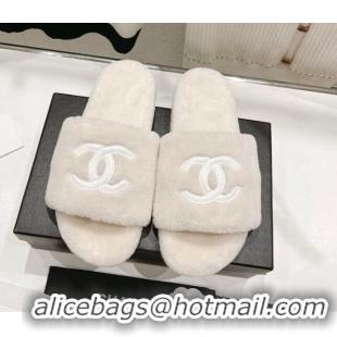 Best Grade Chanel Shearling Flat Slide Sandals White 090721