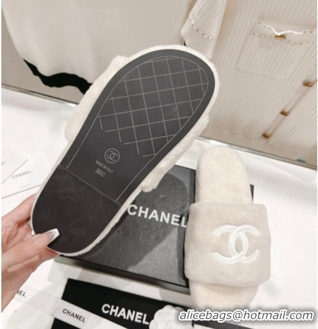 Best Grade Chanel Shearling Flat Slide Sandals White 090721