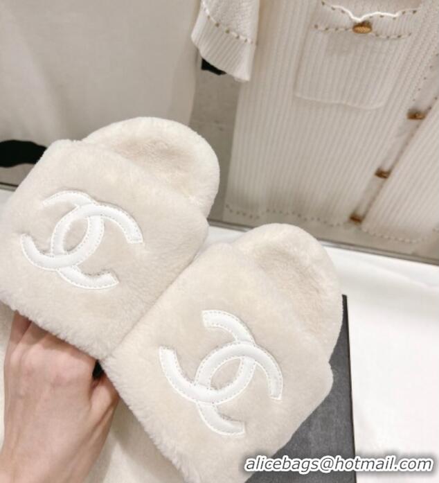 Best Grade Chanel Shearling Flat Slide Sandals White 090721