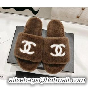 Low Price Chanel Shearling Flat Slide Sandals Brown 090722