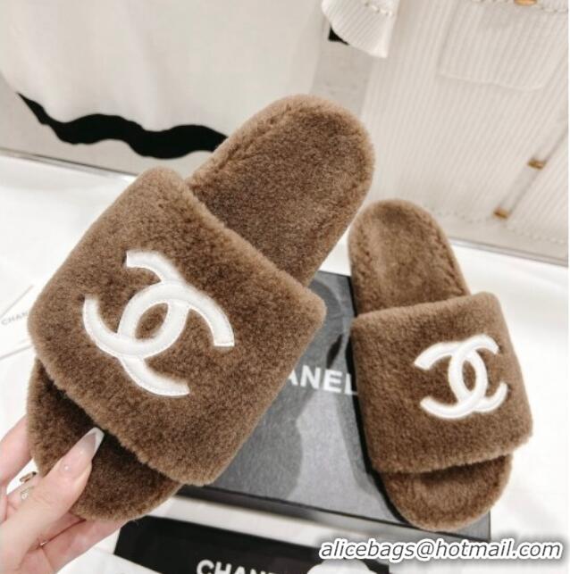 Low Price Chanel Shearling Flat Slide Sandals Brown 090722