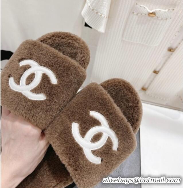 Low Price Chanel Shearling Flat Slide Sandals Brown 090722