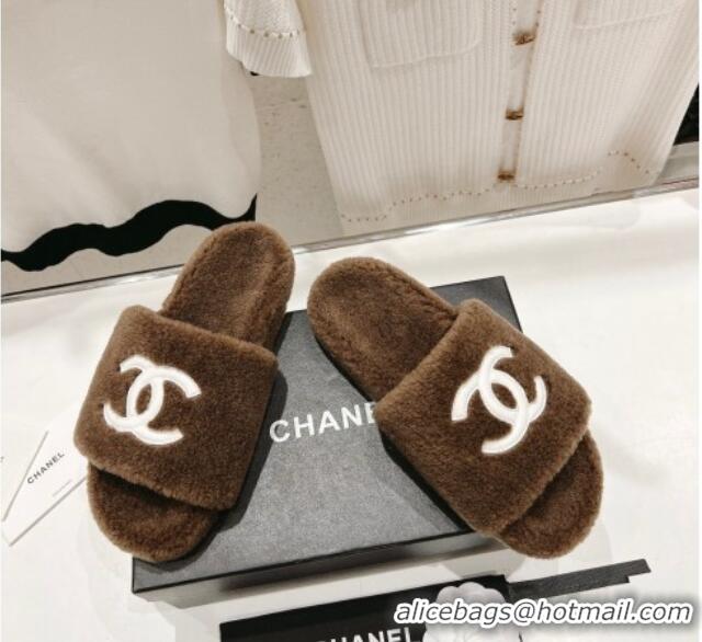 Low Price Chanel Shearling Flat Slide Sandals Brown 090722