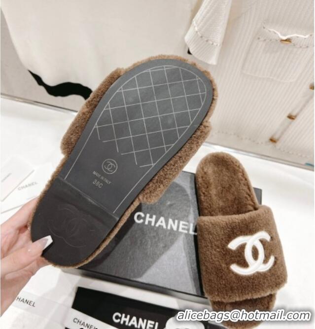 Low Price Chanel Shearling Flat Slide Sandals Brown 090722