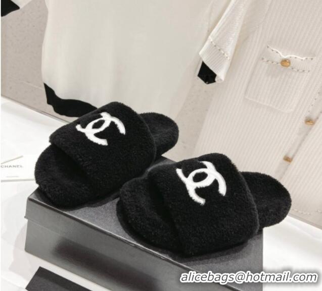 Best Product Chanel Shearling Flat Slide Sandals Black 090723